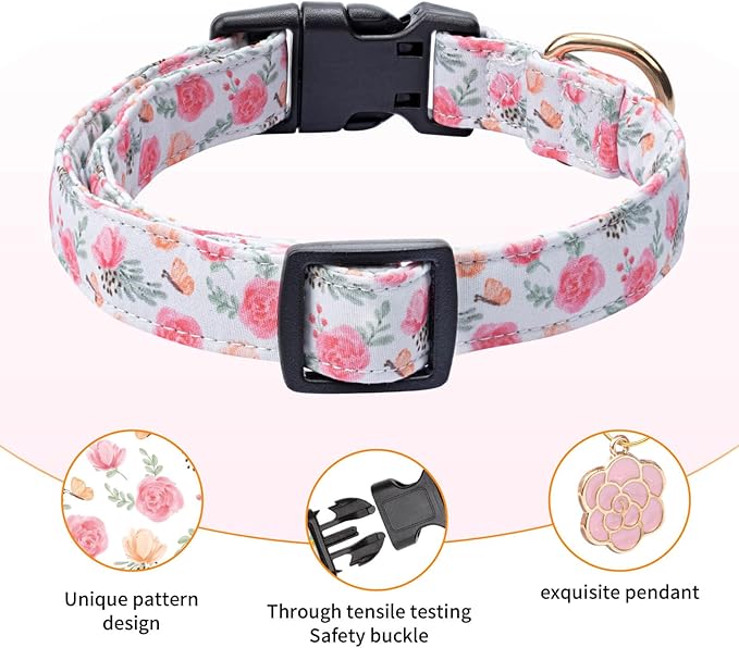 Cotton Dog Collar,Adjustable Cute Puppy Collar with Moon Patterned Design for Small Medium Large Dogs,Soft and Fancy Pet Collar with Safety Buckle for Girl Boy Dogs (Pink Flower, S)
