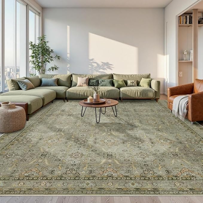 10x14 Area Rugs for Living Room Bedroom, Large Washable Rug, Vintage Floral Boho Rug, Non Slip & Low Pile Faux Wool Thin Carpet for Indoor Dining Room and Kids Room(Olive Brown 10x14ft)