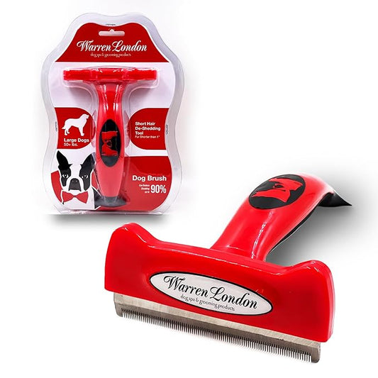 Warren London Deshedding Brush for Dogs – Large Short-Hair | 4-in Stainless-Steel Undercoat Rake Reduces Shedding Up to 95% | Gentle Skin-Safe Comb, Quick-Clean Release, Non-Slip Ergonomic Grip