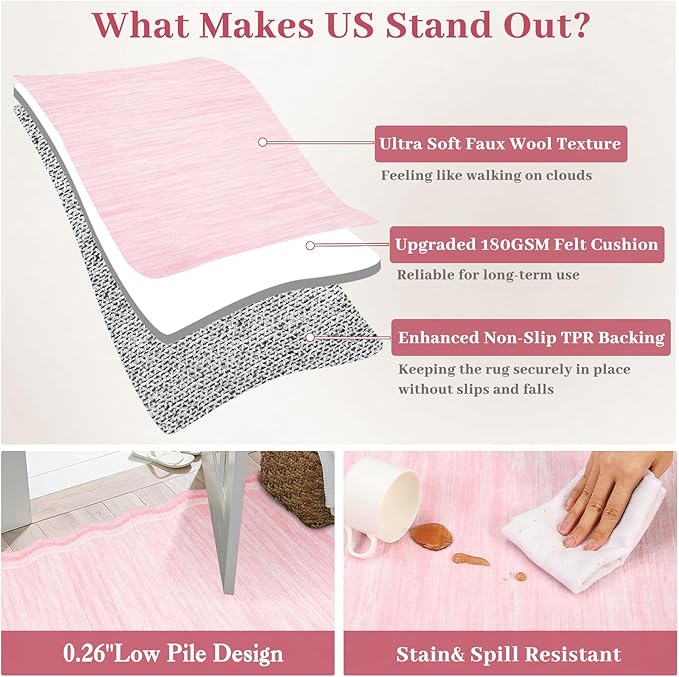 GarveeHome Washable Area Rug 9x12 Scalloped Rugs for Living Room 9x12 Large Scalloped Carpet, Non-Shedding Contemporary Easy Cleaning Mats, Solid Modern Pink Rug for Bedroom Dining Room Playroom