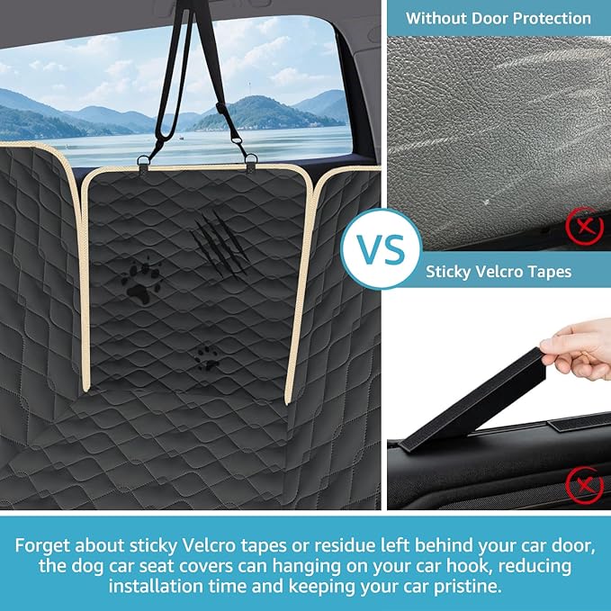 Lassie Dog Car Seat Covers for Back Seat with 2 Seat Belts, Waterproof Dog Car Hammock with Mesh Window Durable Scratch Proof Nonslip Pet Carseat Covers Universal Fit Protector for Cars, Trucks & SUVs