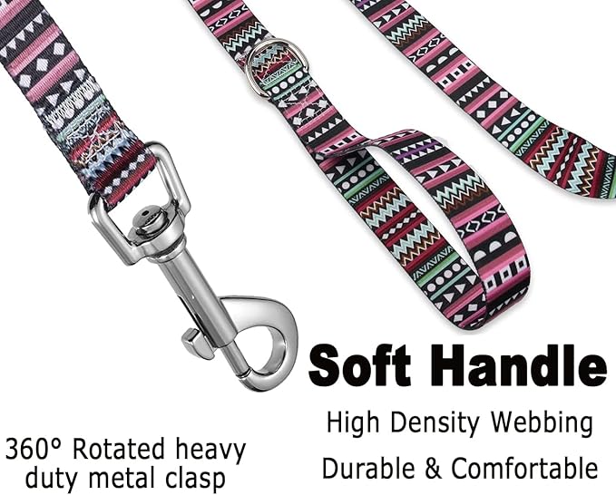 Dog Collar and Leash Set with Bohemia Floral Tribal Geometric Patterns - Soft Ethnic Style Collar Adjustable for Small Medium Large Dogs(Bohemian Purple Set,M)