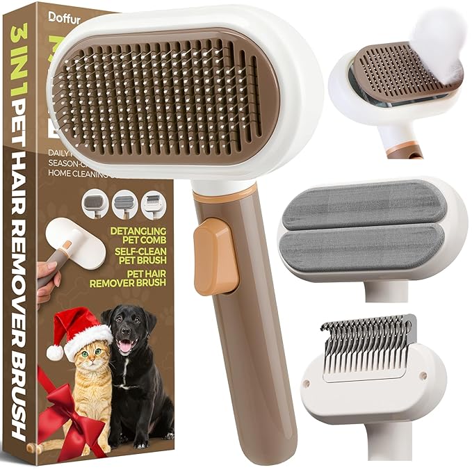 3 in 1 Pet Brush Set for Cats & Dogs - Self Cleaning Deshedding Brush & Slicker,Hair Remover Tool for Indoor Cats Long/Short Hair Pets