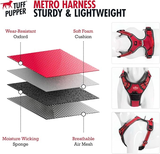Tuff Pupper No Pull Easy Walk Dog Harness | Heavy Duty Pet Vest | Front & Back Leash Clips | Strong Safety Handle | Reflective Anti Pull Vest | Comfortable Padded Escape Proof Harness (Medium, Red)