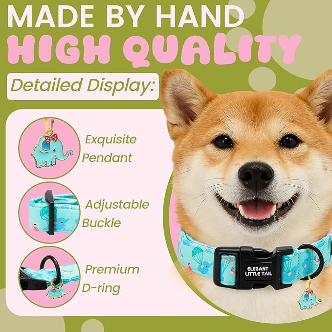 Elegant little tail Dog Collar, Cute Elephant Print Spring/Summer Soft Cotton Puppy Collars Adorable Male Pet Gift Lightweight Plastic Adjustable Dog Collar for Large Dogs