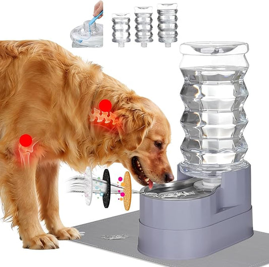 RIZZARI Large Water Dispenser for Dogs: 8L Gravity Gray Automatic Stainless Steel Waterer with Specialized Brush and Triple Filter - Raised Pet Feeder for Senior Dogs with Joint Pain in Bedroom Garden