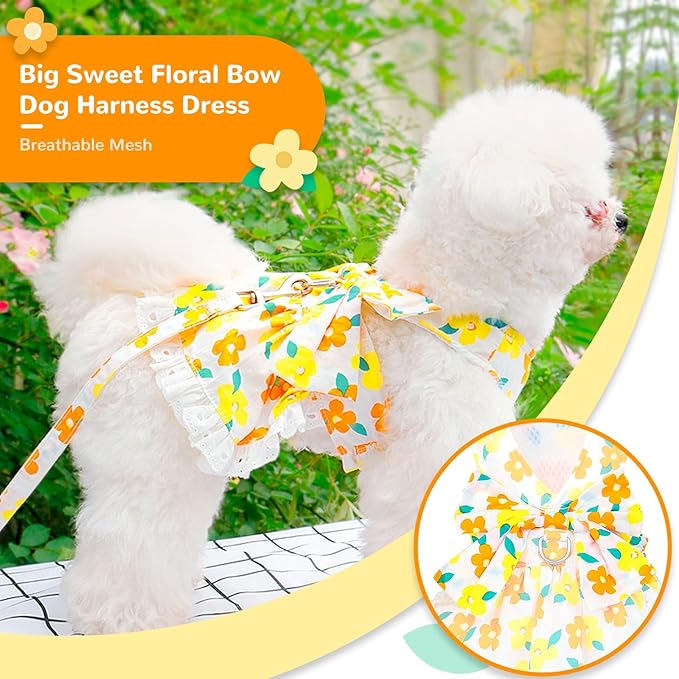 Dog Harness Dress Leash Set for Small Dog Summer Clothes Girl Female Puppy Cats Outfits Cute Floral Bowknot Princess Birthday Dress for Extra Small Pet Doggie Kitten Outfits Apparel(Yellow,M)