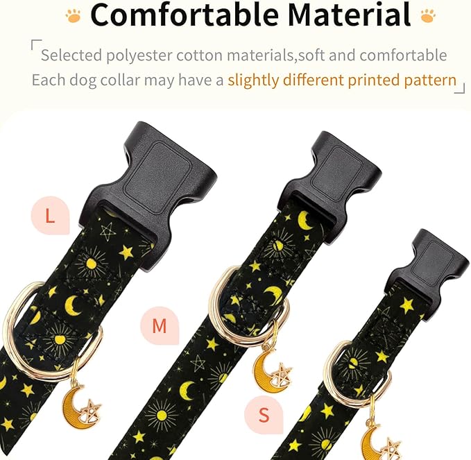 Cotton Dog Collar,Adjustable Cute Puppy Collar with Moon Patterned Design for Small Medium Large Dogs,Soft and Fancy Pet Collar with Safety Buckle for Girl Boy Dogs (Yellow Moon, S)