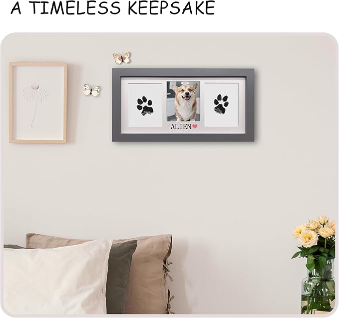 MYPAWLETS Paw Print Frame & Ink Pads Kit,Dog or Cat Paw Print Kit,2 No Mess Ink Pads for Pets,Paw Print Stamp Pad for Dogs,Wooden Pet Memorial Frame,Personalized Pet Paw Print Gifts-Grey