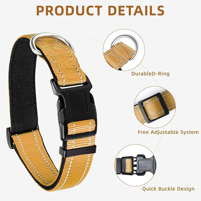 Reflective Dog Collar for Extra Large Dogs, Adjustable Collar with Soft Neoprene Padded, Durable Buckle for Daily Walking,Khaki,XL