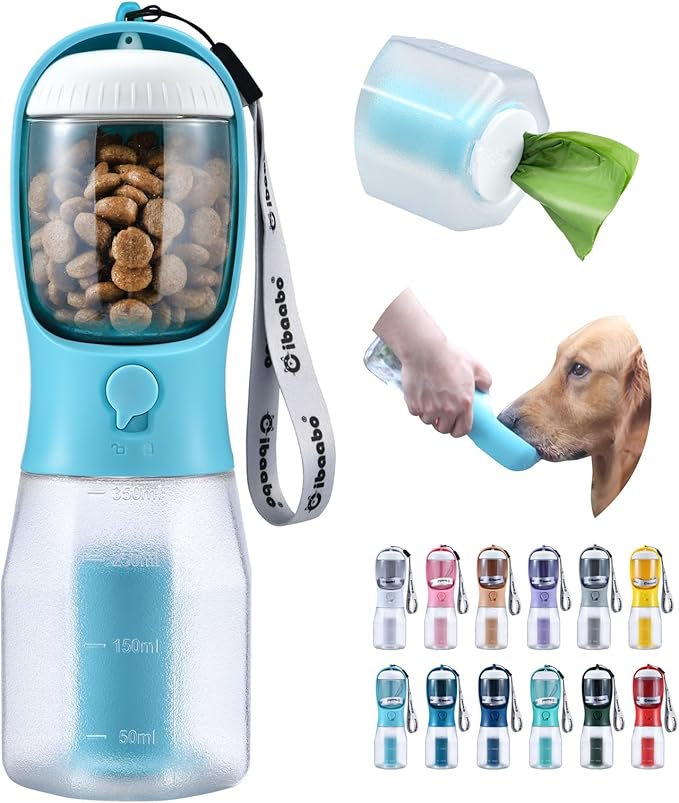 Dog Water Bottle with Food Container & Poop Bag Holder, Travel Water Bowl, Portable Pet Dispenser, Dog Gifts Stuff Accessories Items, Puppy Essentials for Yorkie Chihuahua Walking Hiking
