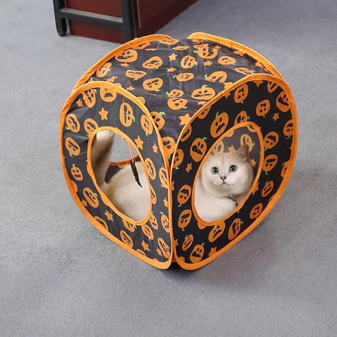 Andiker Cat Tent, 3 Holes Safe and Strong Cute Cats Tunnel Collapsible Easy to Carry Cat House for Indoor Cats Kittens Hiding Playing Training Sleeping (Square Yellow)