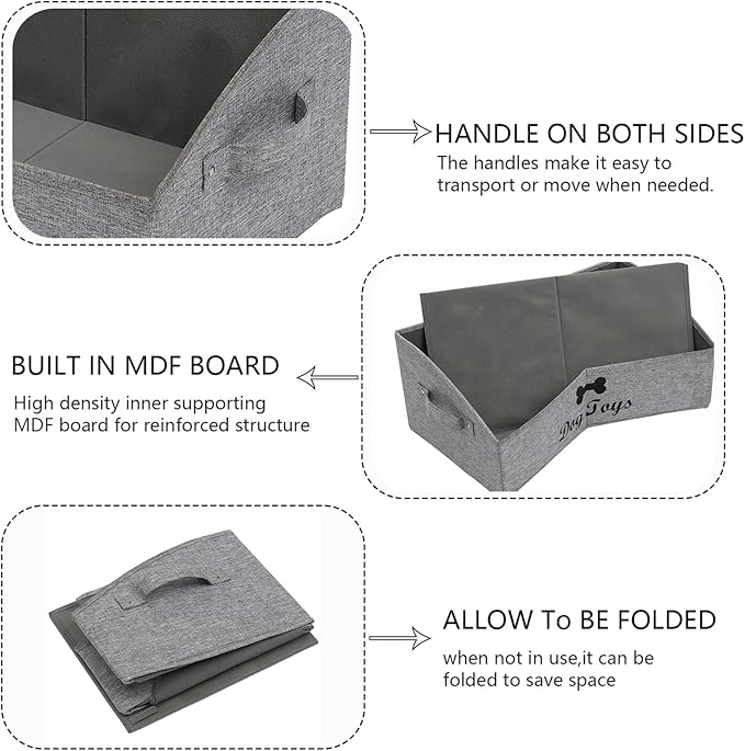 Geyecete 2 Pack Large Dog Toy Bin - Foldable Fabric Trapezoid Organizer Boxes with Handle for Dog Toys (Snow Gray)