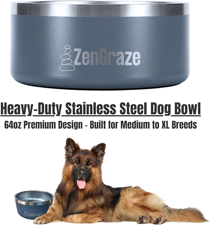 Slow Feeder Dog Bowls with Premium Accessories | Slow Feeder Insert & Silicone Lick Mat Lid - Heavy Duty, Stainless Steel Dog Bowl | Non-Slip & Durable, 64 oz | Medium to Large Dogs (Steel Gray)