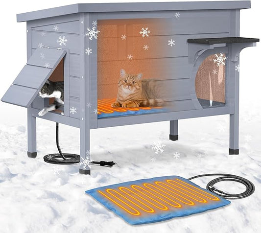 Heated Cat House for Outside - Winter Outdoor Cat House Weatherproof Wooden, Warm Insulated Cat House for Multiple Cats Kitties, Stray Feral Cat Shelter with Escape Door