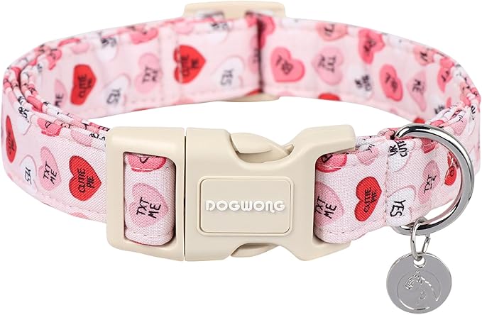 DOGWONG Pink Heart Dog Collar, Small, Soft Cotton, Unique Valentine's Day Design, Breakaway Closure