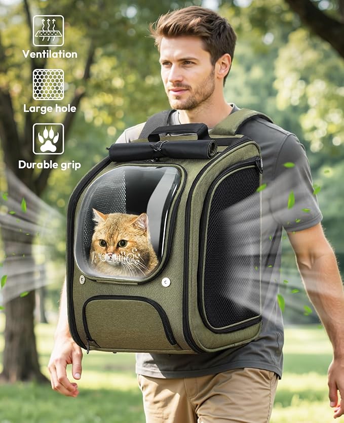 Pecute Cat Backpack Carrier, Large Space Cat Bubble Backpack, Breathable Cat Carrier, Shaded Dog Backpack Carrier, Ergonomic 3D Design for Travel, Hiking, Walk, Suitable for Shopping, Car, Vet, Green