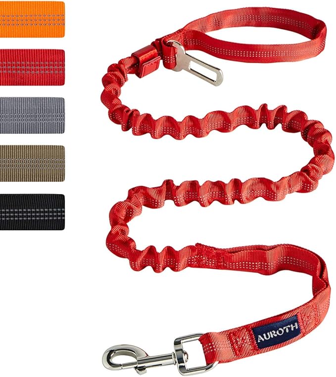 AUROTH Heavy Duty Bungee Dog Leash for Large Breeds - 6FT with 2 Padded Handles, Shock Absorption, No Pull Training, Red