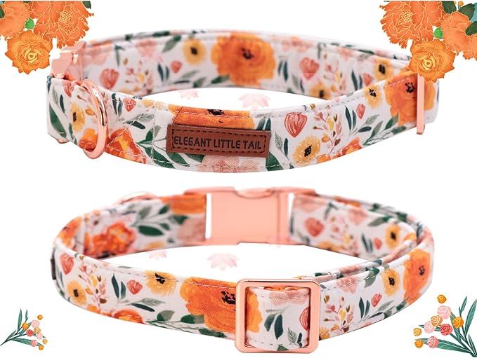 Elegant little tail Fall Dog Collar, Pet Collar Durable Orange Floral Dog Collars Male or Female Holiday Pet Gift Adjustable Dog Collar for Large Dogs