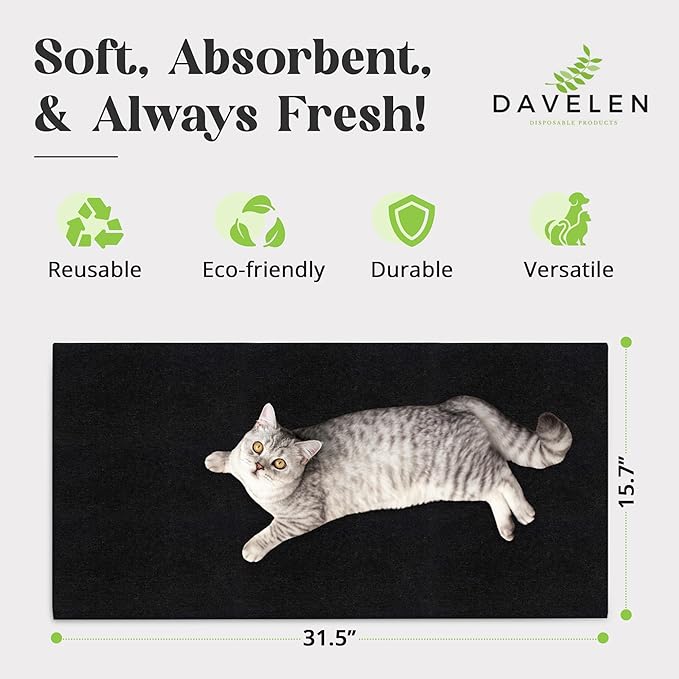 DAVELEN Disposable Pet Towels (50-Pack), Super Absorbent, for Small, Medium, Large Dogs & Cats | Paws, Fur, Body Use | Bleach and Dye Free, Ecofriendly | Towels Size: 31.5" x 15.5" (Black)