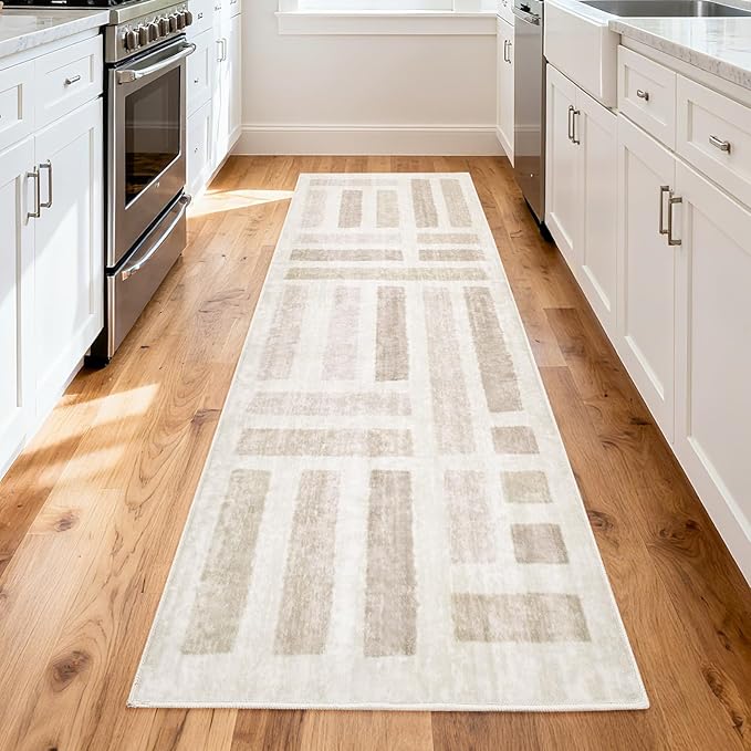 Washable Area Rugs, 2x6ft Soft Rug for Living Room and Bedroom Vintage Striped Rug Stain Resistant with Non Slip Backing Geometric Checkered Foldable Print Mat for Home Decor