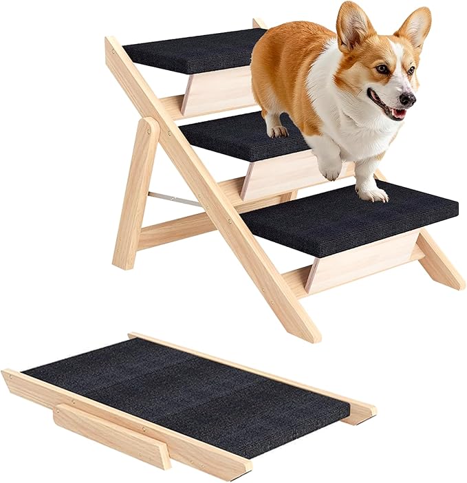Dog Stairs/Ramp for Bed, Wooden Convertible Pet Steps, Portable Dog Ladder Up to 180 Pound for Elderly/Short-Legged Dogs, 3 Steps for Beds, Couch, Cars