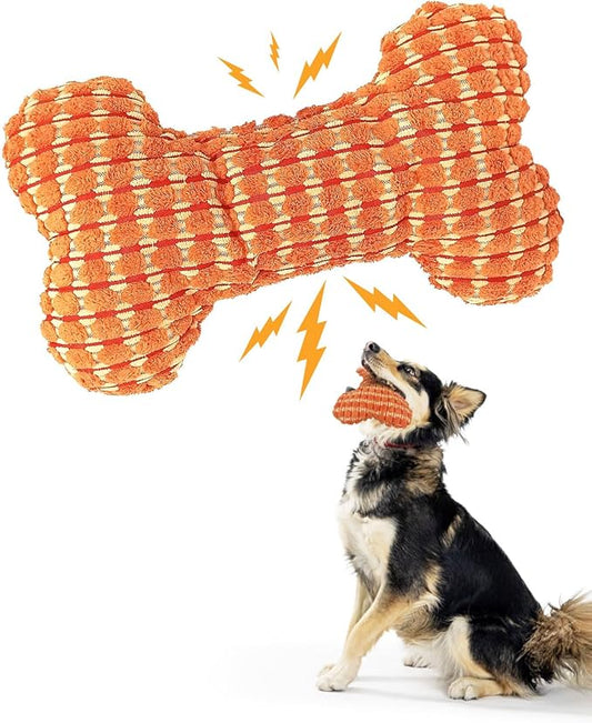 Squeaky Dog Toys for Small Dogs, Interactive Dog Plush Toy for Tough Play, Durable Chew Gifts for Puppy Teething to Keep Them Busy and Relieve Boredom (Orange Bone)