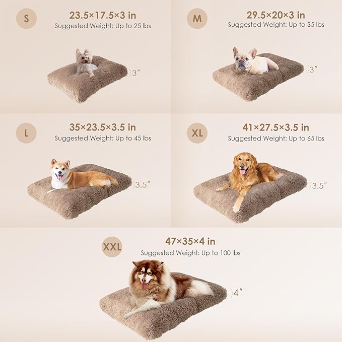 EHEYCIGA Fluffy Dog Crate Bed for Large Dogs, Plush Faux Fur Crate Pad, Calming Anti Anxiety Large Dog Bed, Washable Soft Warm Mat with Non-Slip Bottom, Camel