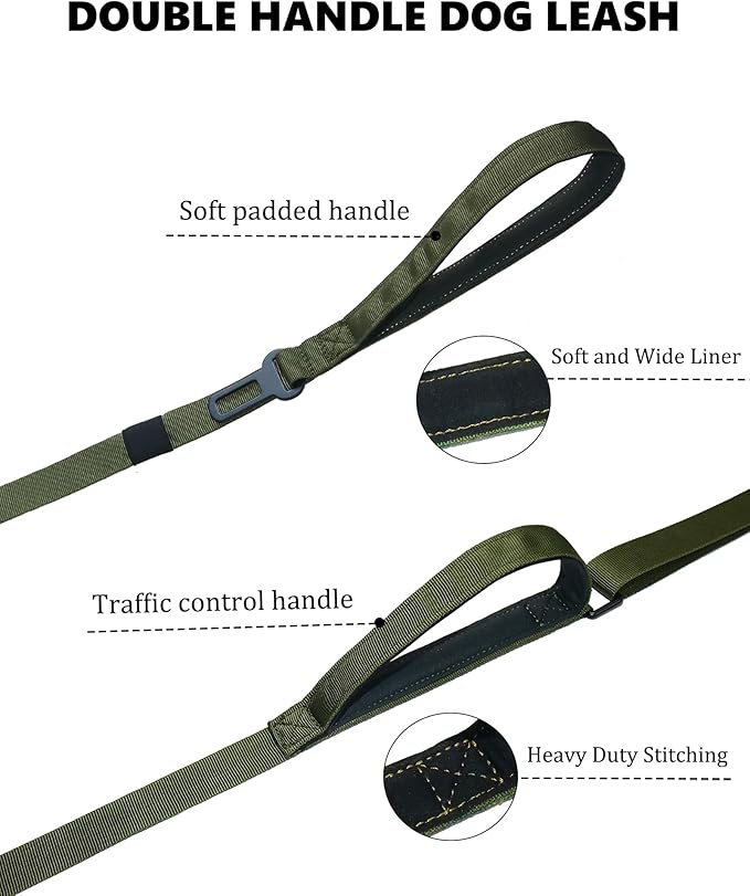Hotsky Double Handle Dog Leash for Large Medium and Small Breed Dogs That Pull,Adjustable Nylon Heavy Duty Dog Leash with Car Seat Belt for Walking and Training,ArmyGreen,4.5-6 FT