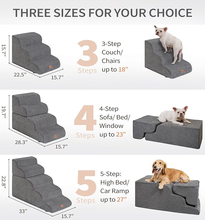 Made4Pets Dog Stairs Ramp for Small Dogs 15.7" H, 3-Step Dog Steps for Bed Couch Sofa and Chair, 35D Foam Pet Steps for Small Dogs and Cats, Non-Slip Bottom Pet Stairs, Grey