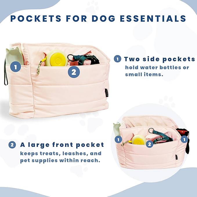Lightweight Dog Purse Carrier for Small Dogs Under 15 lbs, Puffy Quilted Pet Carrier Tote for Puppies with Safety Leash Clip, Women's Hands-Free Dog Carrier Bag for Travel/Shopping (Pink)