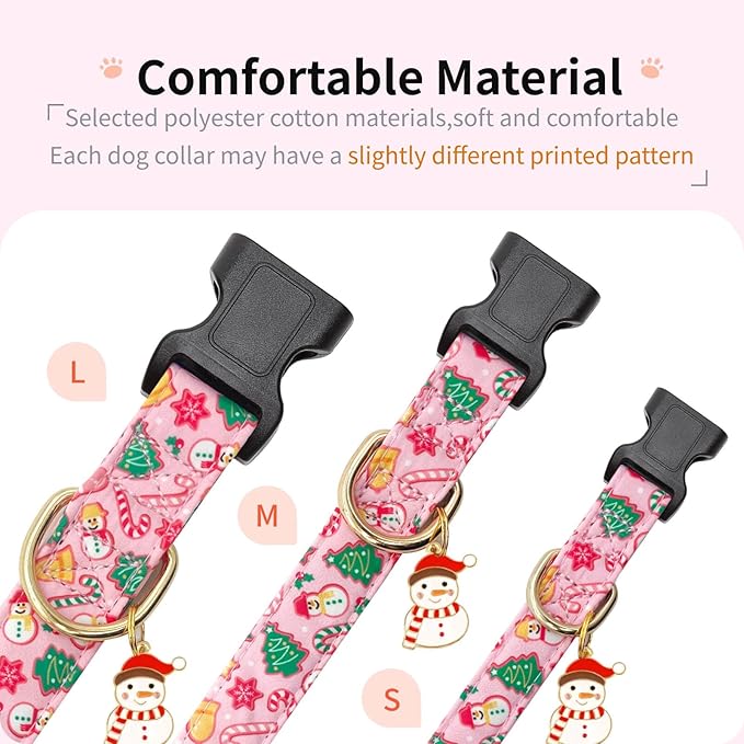 Christmas Dog Collar,Adjustable Cute Puppy Collar with Snowman Patterned Design for Small Medium Large Dogs,Soft and Fancy Pet Collar with Safety Buckle for Girl Boy Dogs (Pink Snowman, S)