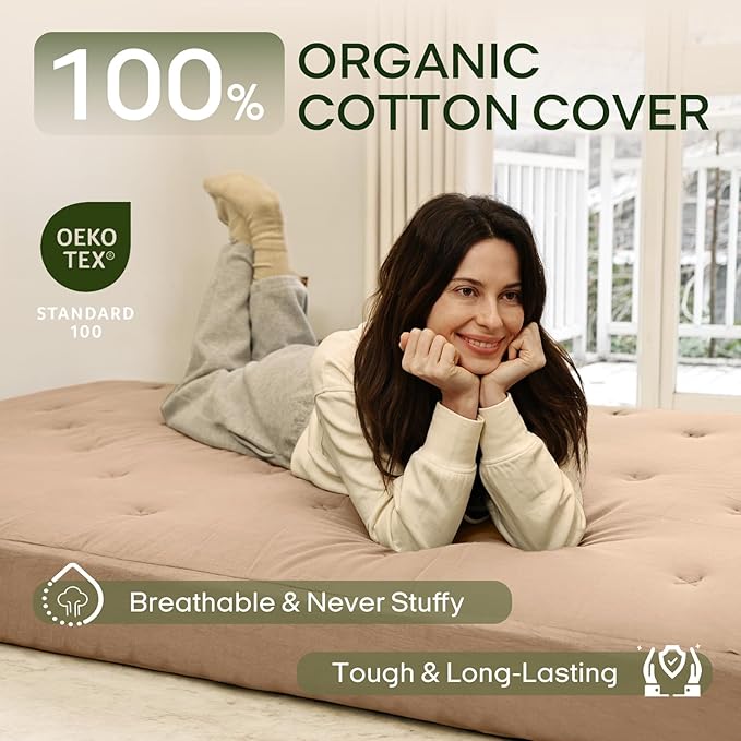 ZonLi Japanese Floor Futon Mattress Queen Size 60"x 80",100% Cotton Cover 6'' Thicken Tatami Mattress,Foldable Sleeping Pad,Portable Dormitory Tatami Mat,Roll Up Floor Lounger Bed for Adult (Khaki)