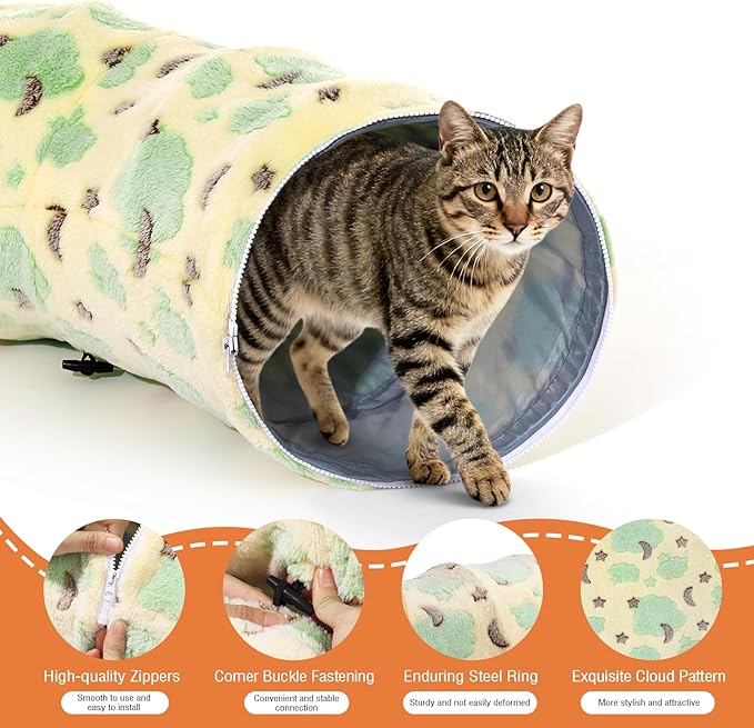 Cat Tunnels for Indoor Cats, 35'' Plush Cat Tunnel Bed with Playful Ball and Circle Cushion, Multifunctional Peekaboo Cat Cave, Interactive Toy Gift for Cats, Kittens, Rabbits, Yellow&Cloud