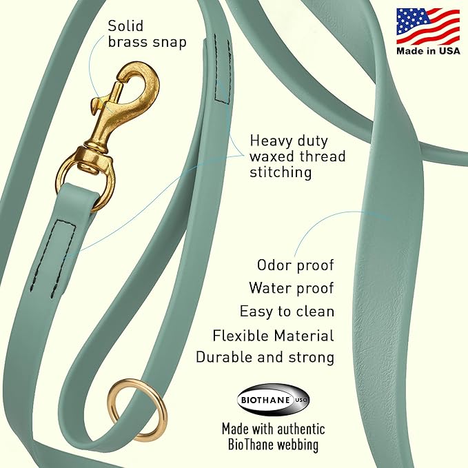 Viper Biothane K9 Working Dog Leash Waterproof Lead for Tracking Training Schutzhund Odor-Proof Long Line with Solid Brass Snap for Puppy Medium and Large Dogs 6ft, Sage Green