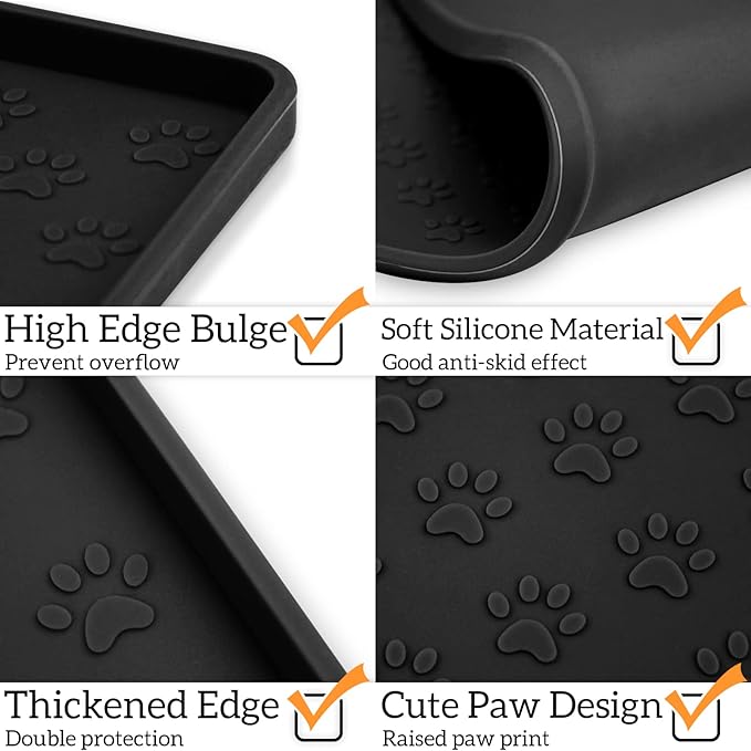 Ptlom Pet Placemat for Dog and Cat, Waterproof Non-Slip Silicone Feeding Bowl Mat Prevent Food and Water Overflow, Puppy Dish Feeder Fountain Trays Suitable for Medium and Small Pets, Black