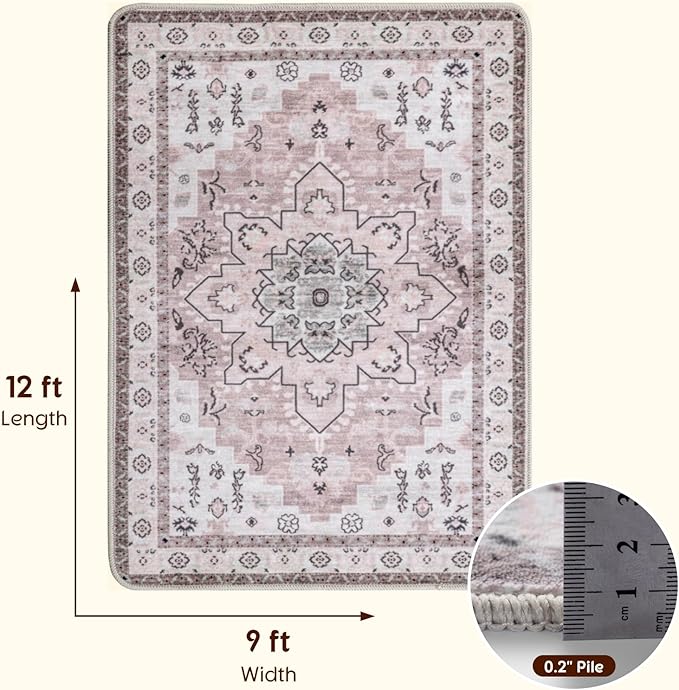 LBRO2M Boho Area Rug 9X12 Washable Rugs for Bedroom Low Piles Indoor Carpet, Non Slip Soft Rug for Living Room, Dining Room, Pink Rug Foldable Pet Friendly Area Rugs Stain Resistant (9'X12' Pink)
