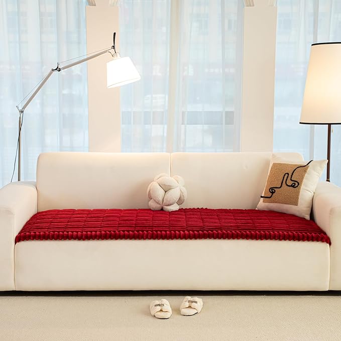 Christmas Faux Fur Plush Dog Couch Cover, 3D Stripe Fuzzy Sofa Covers, Non-Slip Fluffy Dog Bed Cover Pet Blanket, Washable Furniture Protector for Puppy Cat (Red,35"x63")