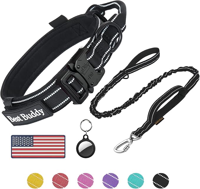 AUBELL Tactical Dog Collar and Leash Set, Reflective Adjustable Heavy Duty Military K9 Collars with Handle and Metal Buckle for Extra Large Dogs, with Airtag Case and 2 Patches(Black,XL)