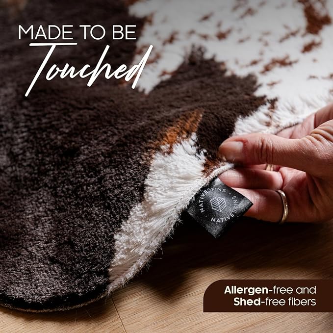 NativeSkins Faux Cowhide Rug 4'7" x 6'7" ??Brown Cow Print Area Rug for Living Room & Bedroom ??Non-Shedding, Flat-Lay, Pet-Friendly ??Faux Suede Grip Backing ??Vegan Western Farmhouse Decor