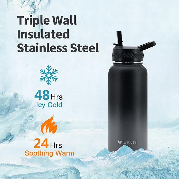 32 oz Insulated Water Bottle with Straw (Cold for 48 Hrs), Stainless Steel Triple Wall Vacuum Sports Water Jug, Leakproof Hydro Cup Flask with Paracord Handle & Straw Spout Lids & DIY Stickers