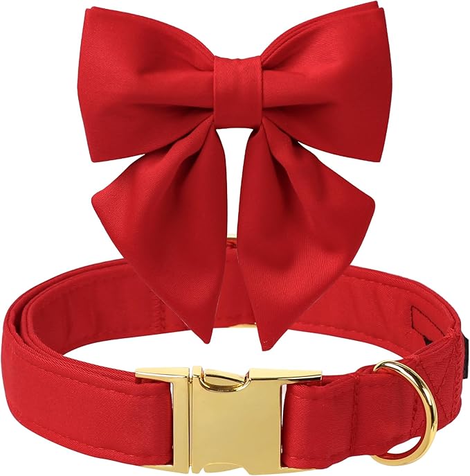 Maca Bates Red Dog Collar with Cute Solid Sailor Bow Tie for Large Girl Boy Dogs,Girly Adjustbale Durable Breakaway Soft Collars with Bowtie for Female Male Puppy,Pet with Metal Buckle