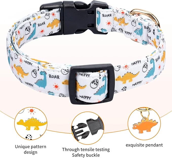 Cotton Dog Collar,Adjustable Cute Puppy Collar with Moon Patterned Design for Small Medium Large Dogs,Soft and Fancy Pet Collar with Safety Buckle for Girl Boy Dogs (Yellow Dinosaur, S)