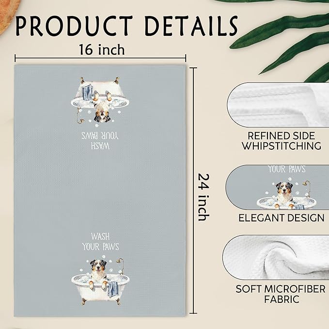 Funny Australian Shepherd Dog Hand Towels for Bathroom, Wash Your Paws Hand Towels, Australian Shepherd Dogs Dish Tea Towel for Kitchen Bathroom Decor, Dog Lover Gifts for Women Men, 16x24 Inch