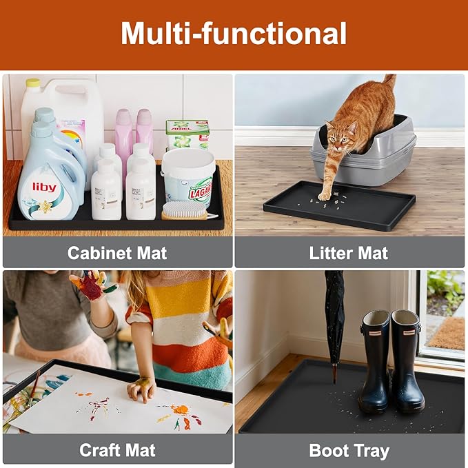 19” x 12” Extra Thick Waterproof Silicone Mat with Raised Edge, BPA Free Non-Slip Dog & Cat Food Mat, Feeding Mat for Food and Water Bowls, Spill Proof Mat to Protect Floors, Black