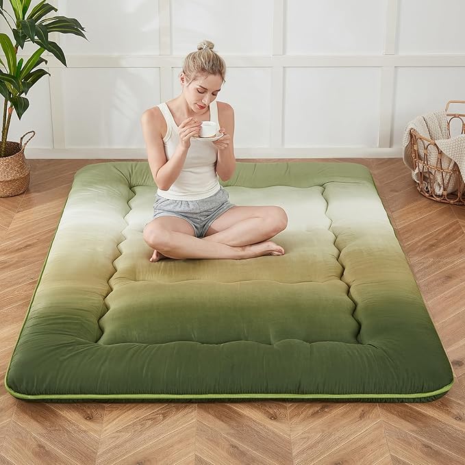 Japanese Floor Mattress, Futon Mattress with Portable Storage Bag and Washable Cover, Roll Up Thick Tatami Mat Suitable for Camping, Guest Room (Forest Gradient, Full)
