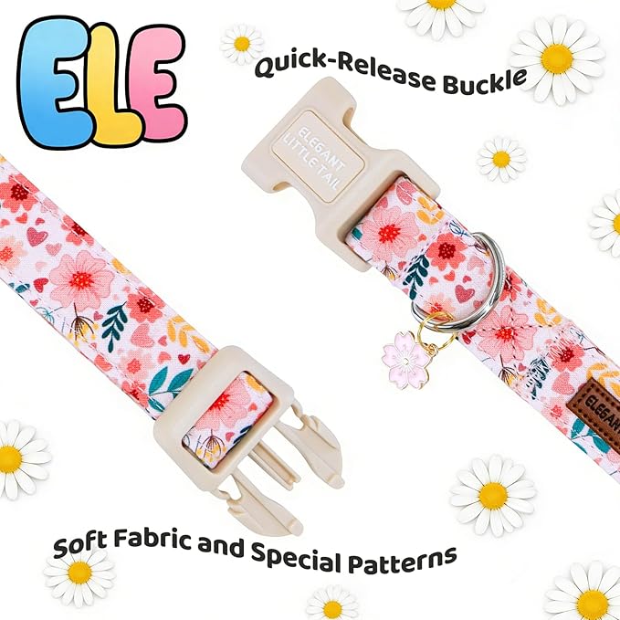 Elegant little tail Dog Collar, Pink Flower Print Spring Soft Cotton Puppy Collars Adorable Female Pet Gift Lightweight Plastic Adjustable Dog Collar for Large Dogs