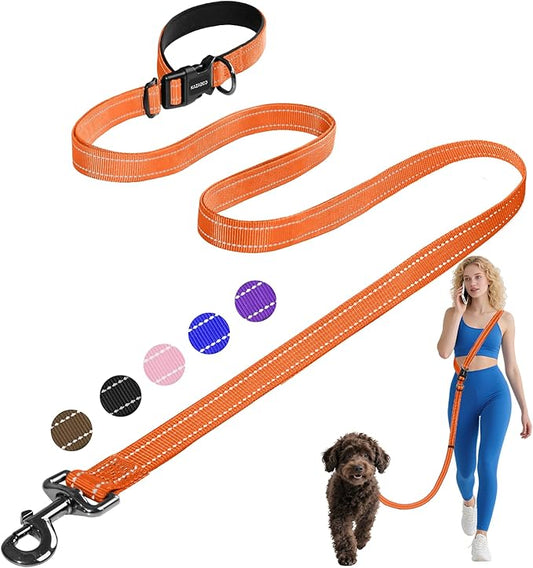 Kazazoo Hands-Free Dog Leash Adjustable Length 5-8 Ft, Waist for Dog Walking, Running for Small &Medium Dogs with Reflective Strips, Ballistic Nylon, Waist Belt, Lightweight Orange M