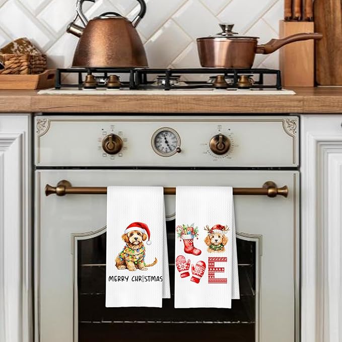 Christmas Cavapoo Kitchen Dish Towels 2 Pack - Cavapoo Dog Lover Gift, Waffle Weave Christmas Hand & Tea Towels for Kitchen Bathroom, 16x24 Inches