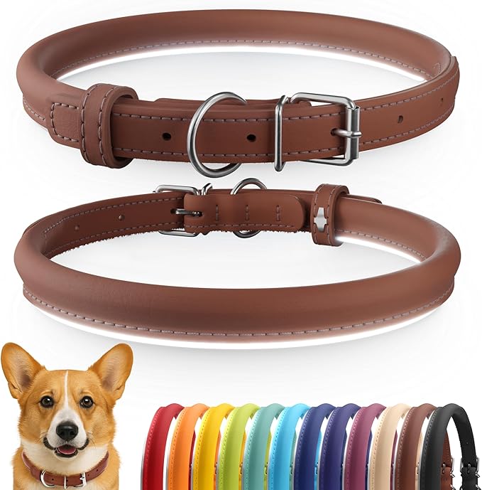 CollarDirect Rolled Leather Dog Collar, Soft Padded Round Puppy Collar, Handmade Genuine Leather Collar Dog Small Large Cat Collars 13 Colors (11-14 Inch, Cinnamon Smooth)